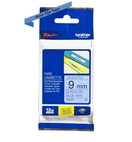 TZe-521 Brother 9mm x 8m Black on Blue Adhesive Laminated Tape