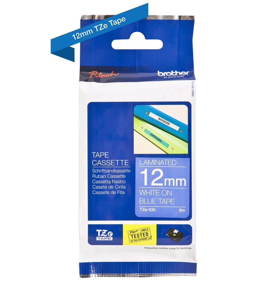 TZe-535 Brother 12mm x 8m White on Blue Tape Adhesive Laminated Tape