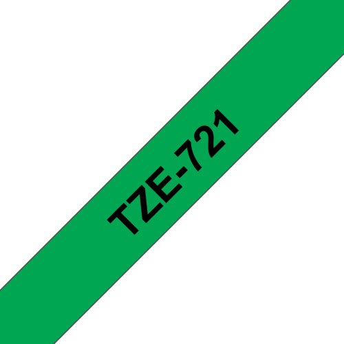 TZe-721 Brother 9mm x 8m Black on Green Adhesive Laminated Tape