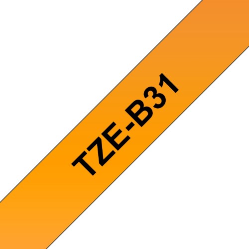 TZe-B31 Brother 12mm x 8m Black on Fluro Orange Adhesive Laminated Tape