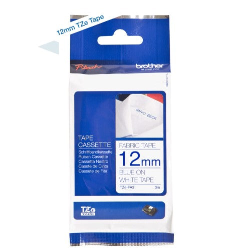 TZe-FA3 Brother 12mm x 3m Blue on White Fabric Tape