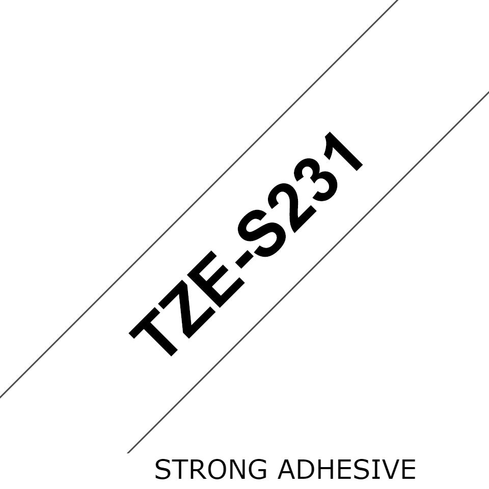 TZe-S231 Brother 12mm x 8m Black on White Strong Adhesive Laminated Tape