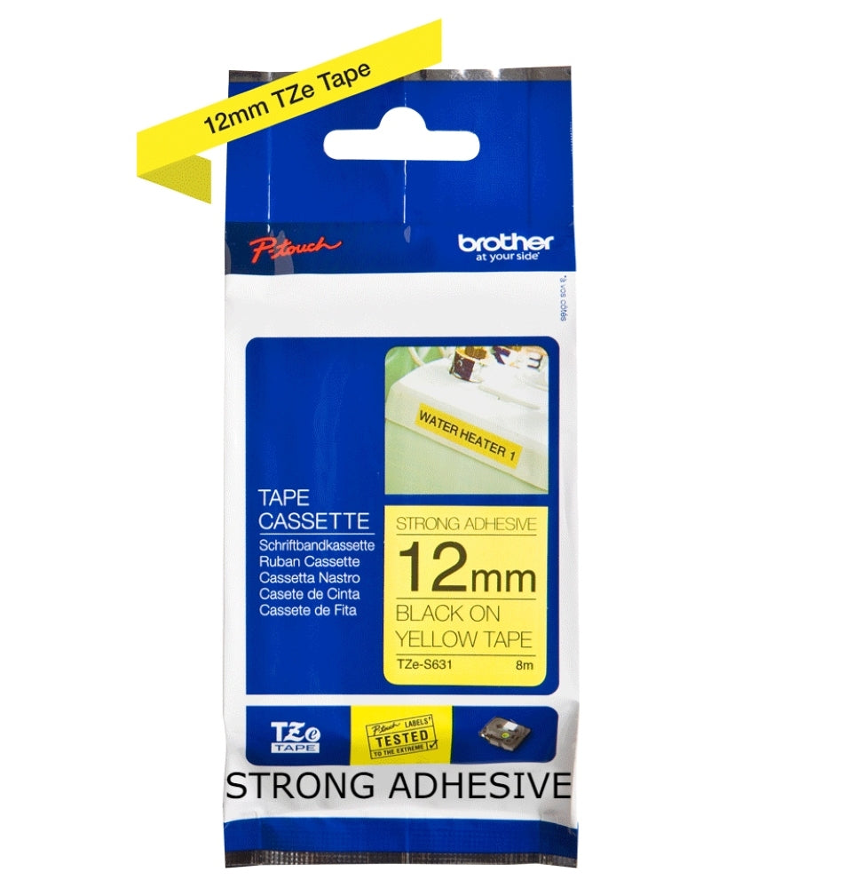 TZe-S631 Brother 12mm x 8m Black on Yellow Strong Adhesive Laminated Tape