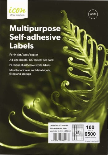 Icon Laser/Inkjet Labels - 65 Labels per sheet (100 sheets)