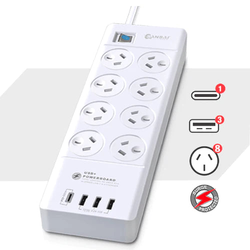 Sansai 8 Way Surge Powerboard w/4 USB Ports