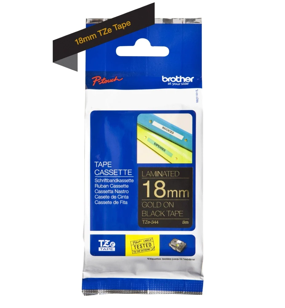 TechWarehouse TZe-344 Brother 18mm x 8 Gold on Black Adhesive Laminated Tape Brother