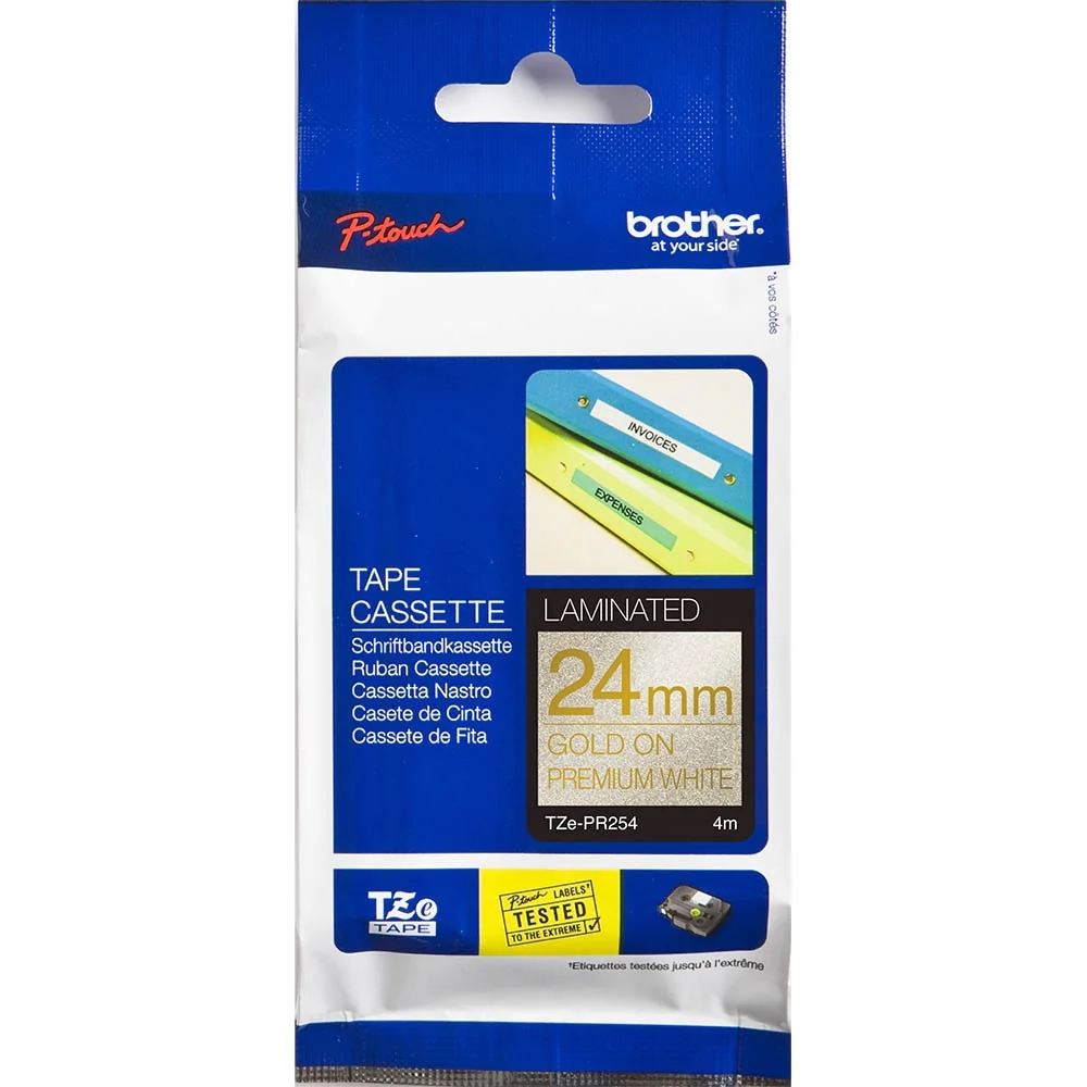 TechWarehouse TZe-PR254 Brother 24mm x 4m Gold on Premium White Adhesive Laminated Tape Brother