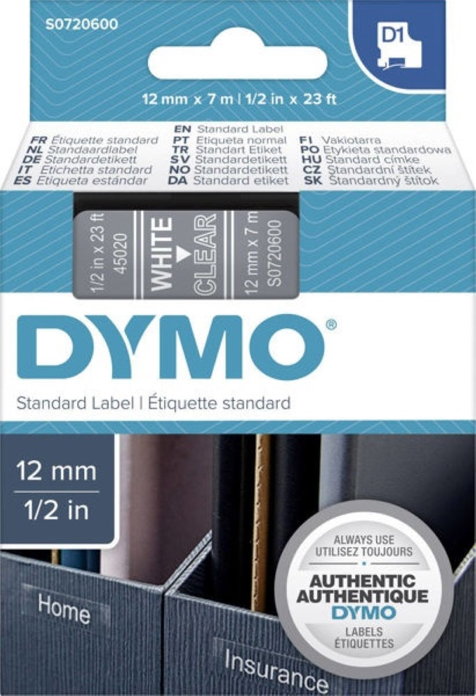 S0720600 Dymo D1 12mm x 7m Label Tape White on Clear (45020)