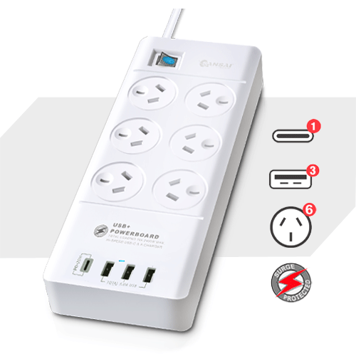 Sansai 6 Way Surge Powerboard with 3x USB & 1x USB-C